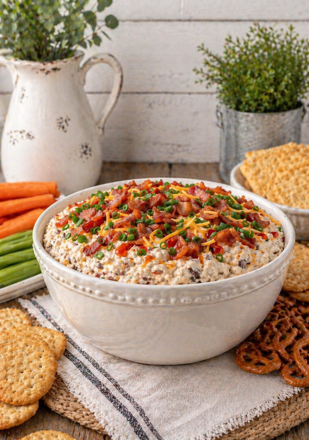 Creamy Million Dollar Dip in a white farmhouse bowl, topped with crispy bacon, shredded cheddar cheese, and green onions, served on a rustic wooden table with cozy farmhouse decor.