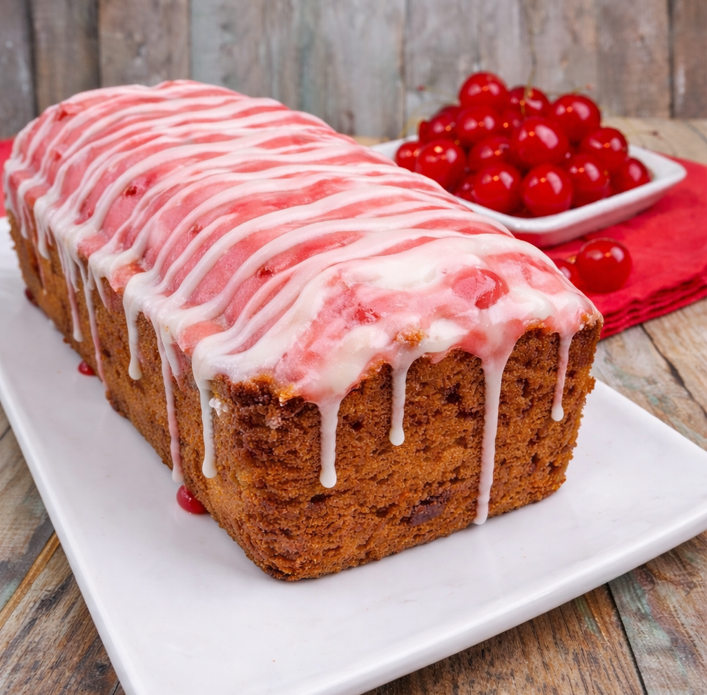 Cherry Garcia Loaf Cake on a white serving plate uncut 