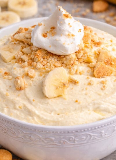 Banana Cream Pie Dip on a pretty white bowl