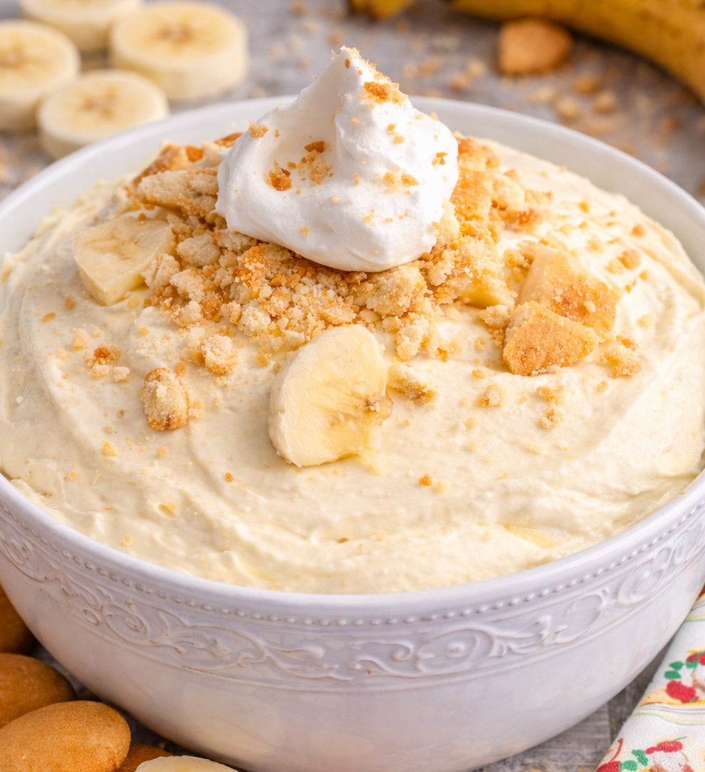 close up of No Bake Banana Cream Pie Dip in a pretty white bowl on a wood table 