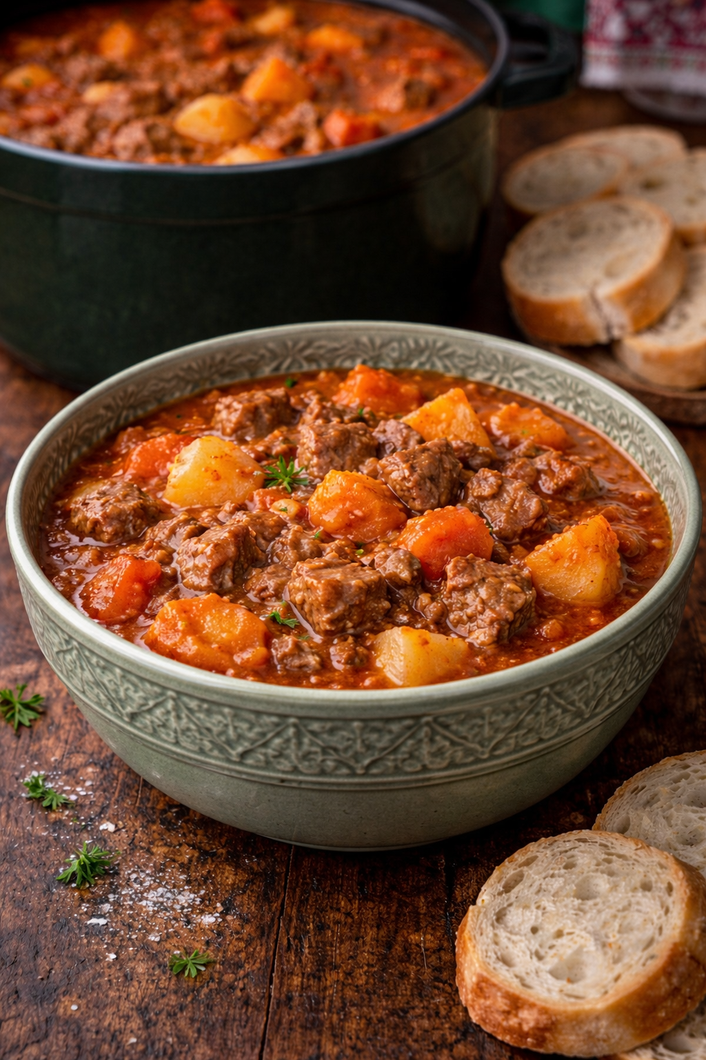 Hungarian Goulash in a green bowl 