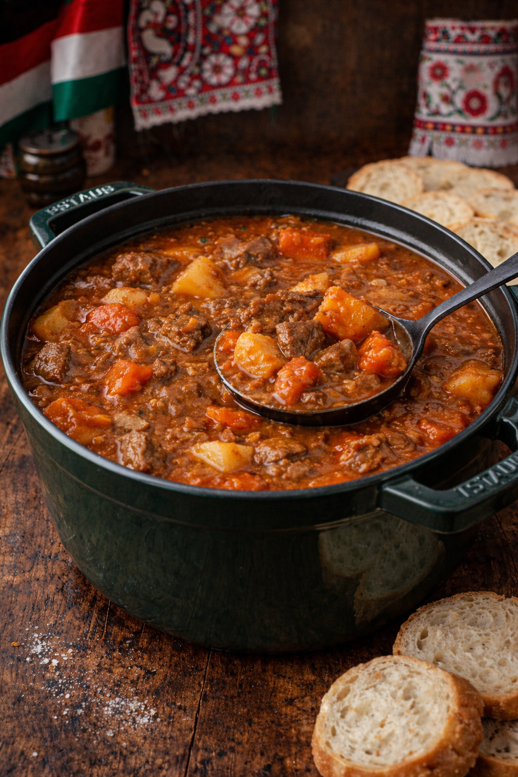 Hungarian Goulash in a green dutch oven pot with a spoon lifting up a portion 