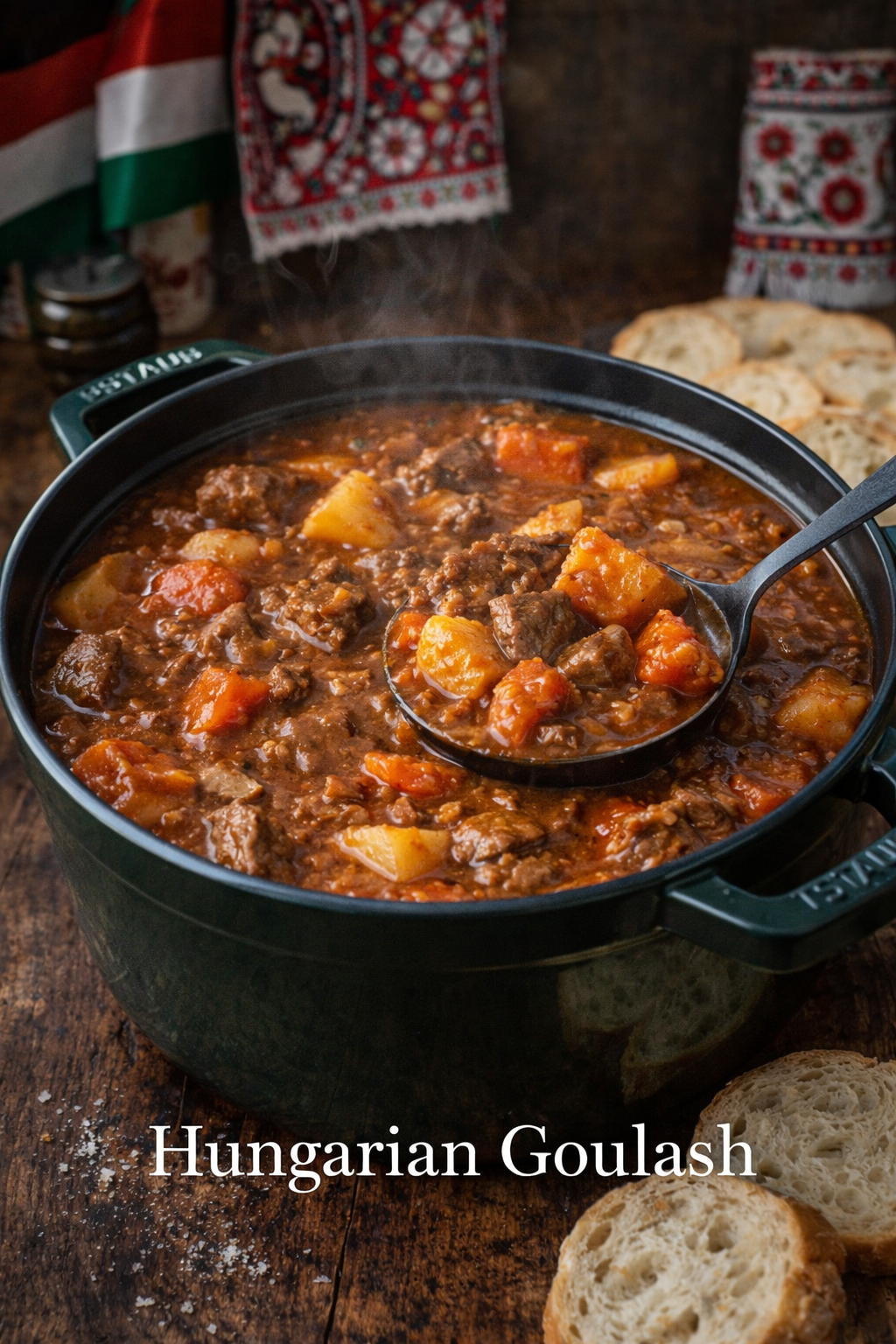 Hungarian Goulash in a green dutch oven pot with a spoon lifting up a portion 