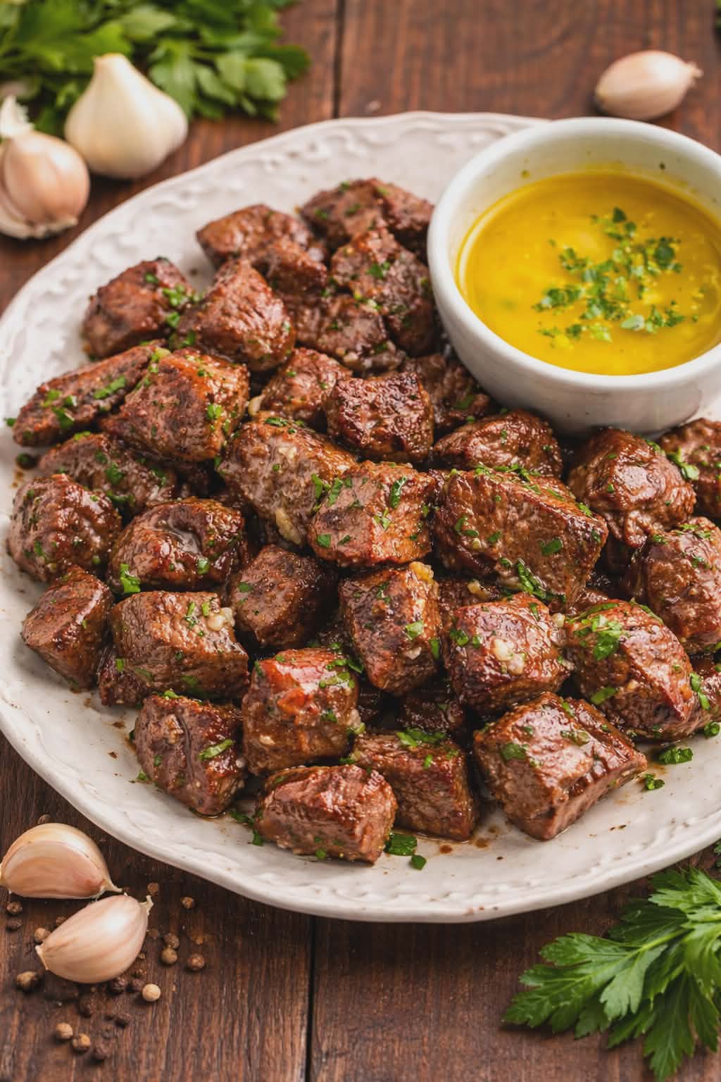 Juicy Garlic Butter Steak Bites on a pretty white plate 