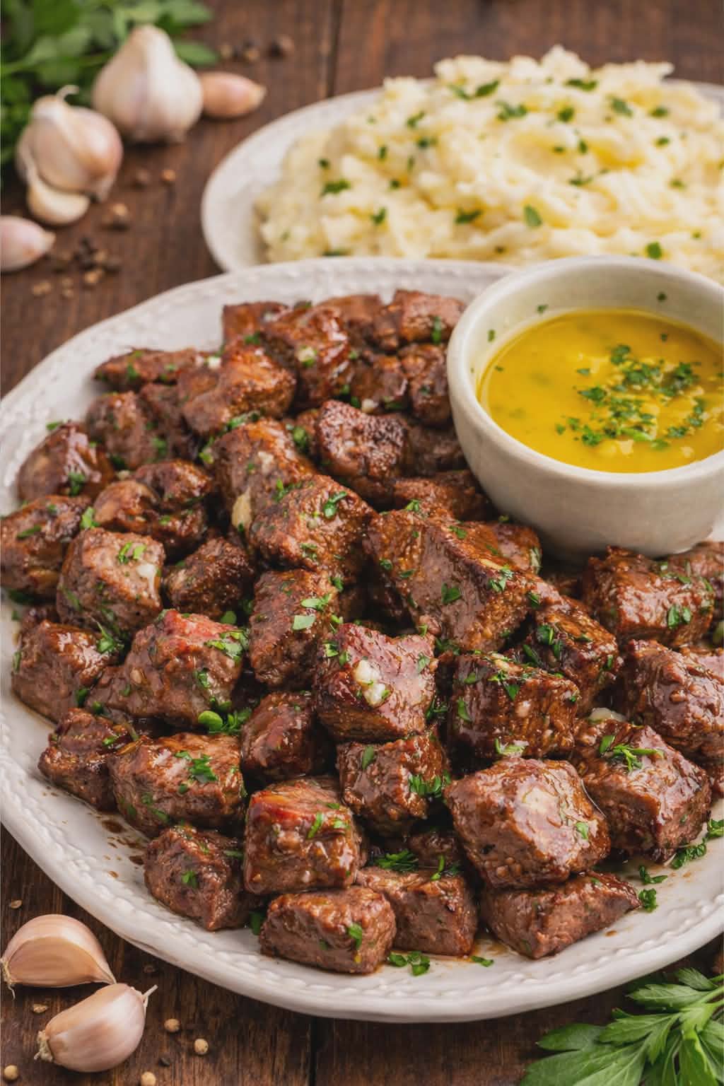 Juicy Garlic Butter Steak Bites on a pretty white plate with mashed potatoes in the background