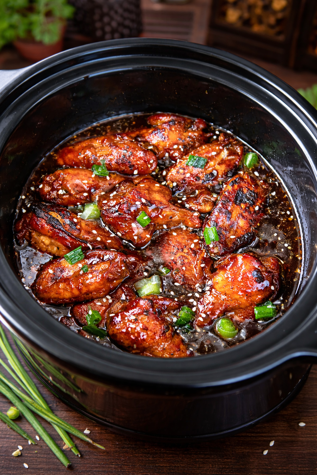 Slow Cooker Chicken Teriyaki Wings  in a black slow cooker 