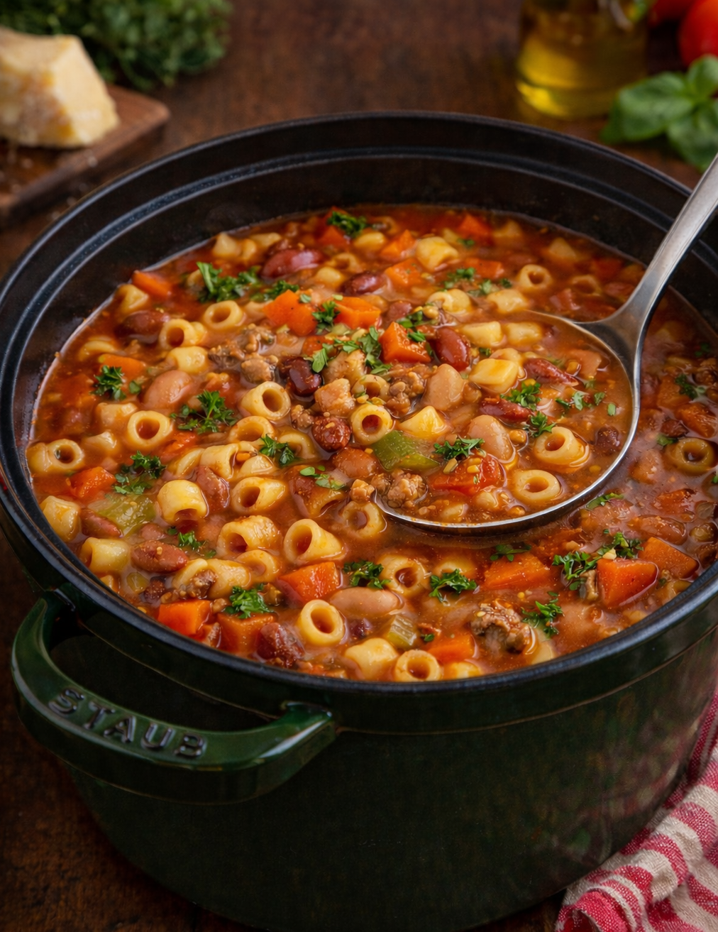 Ultimate Pasta e Fagioli Soup in a green dutch oven pot 