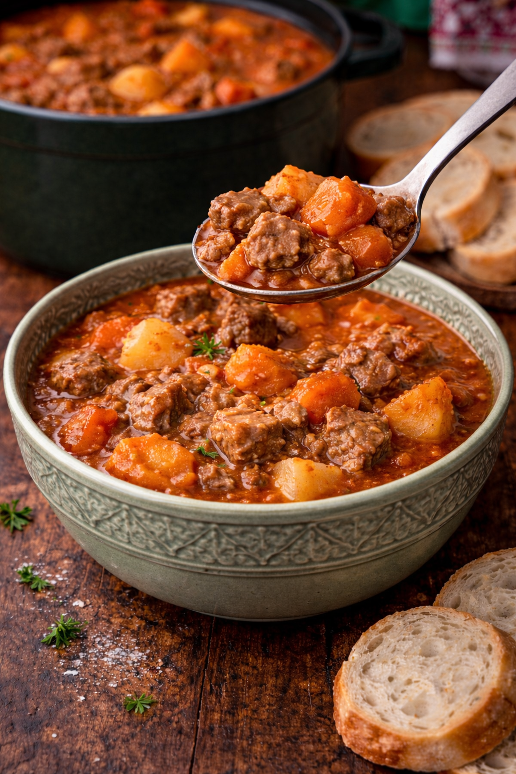 Hungarian Goulash in a green bowl  with a spoon lifting up a bite 