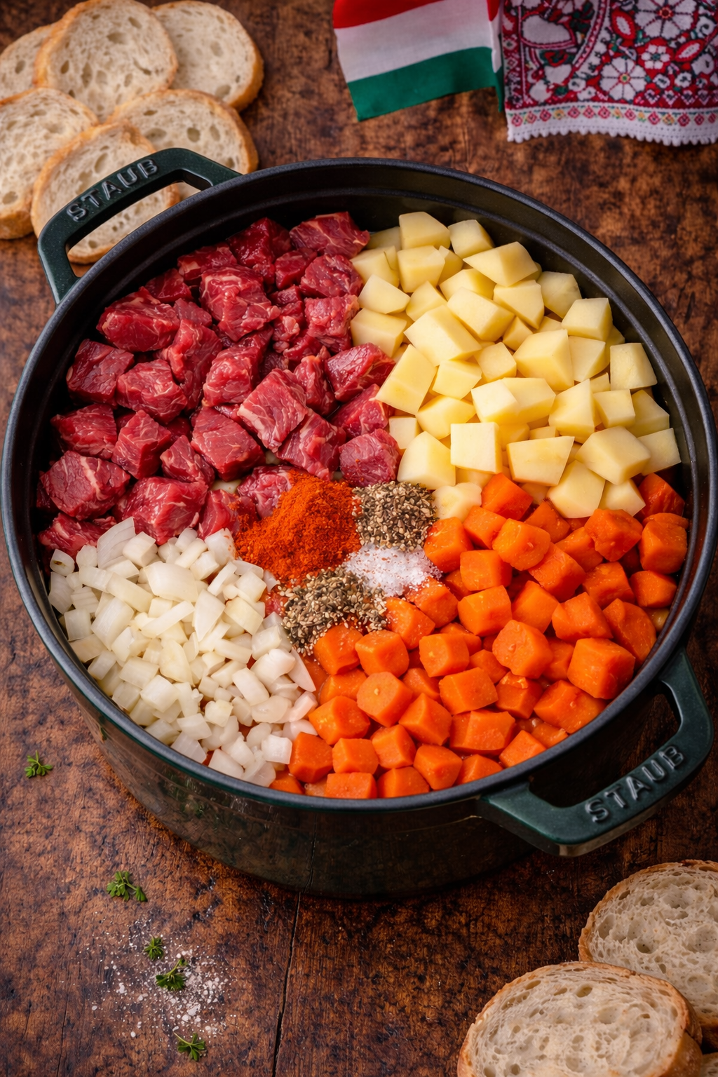 Hungarian Goulash ingredients  in a green dutch oven pot 