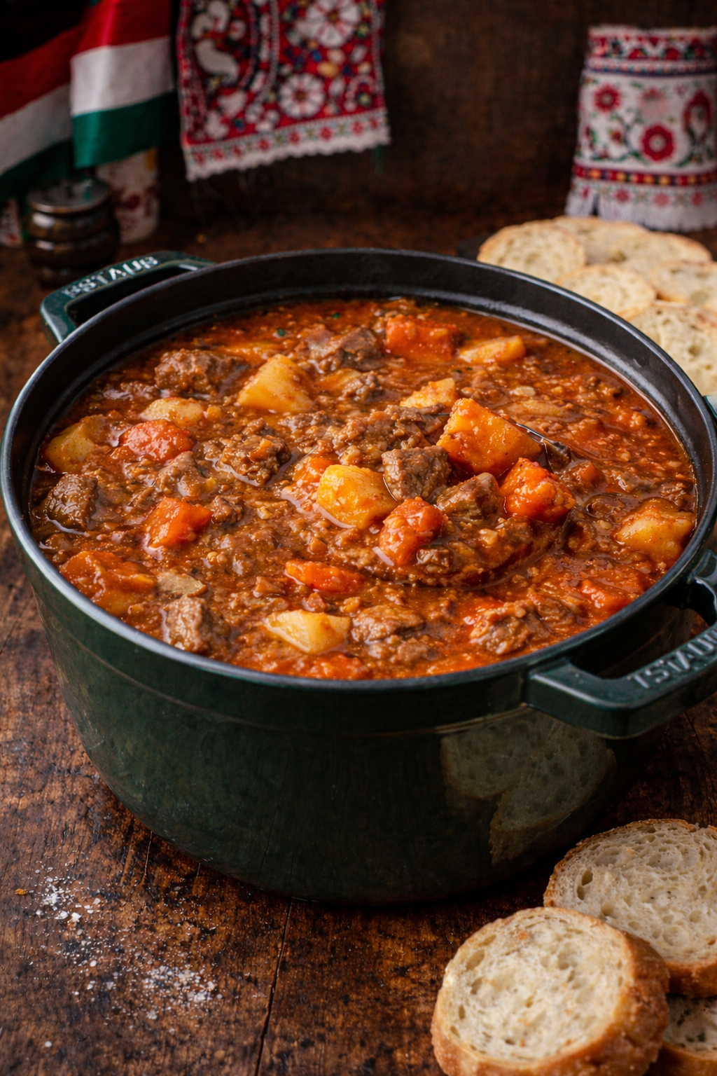 Hungarian Goulash in a green dutch oven pot 