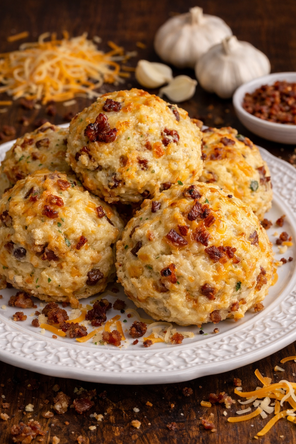 Cheesy Bacon Garlic Biscuits on a pretty white plate on a table 