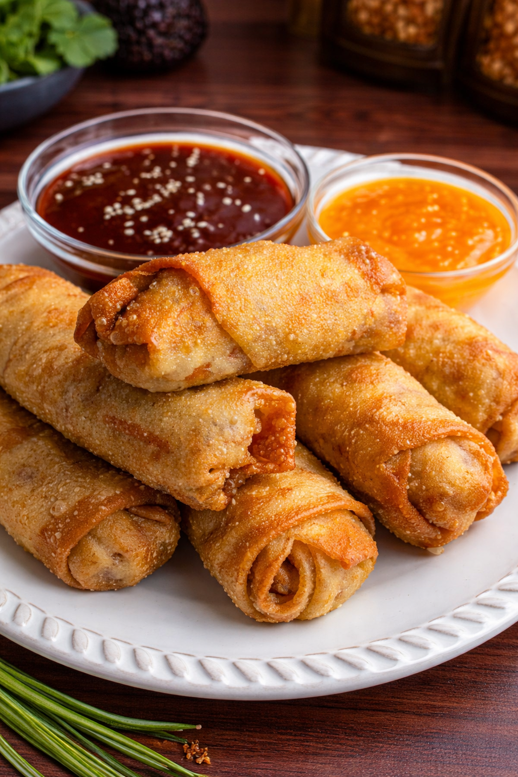 Homemade Eggrolls on a white plate with duck sauce 