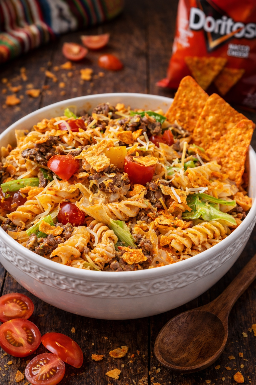 Doritos Locos Taco Pasta Salad in a pretty white bowl 