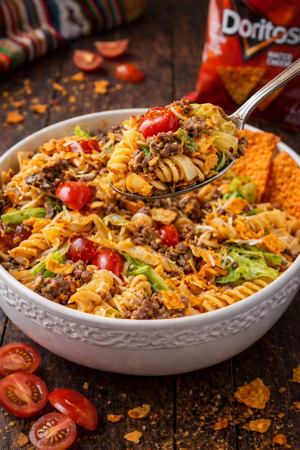 Doritos Locos Taco Pasta Salad in a pretty white bowl 