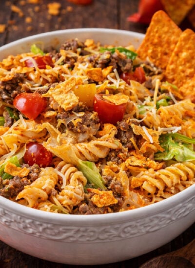 Doritos Locos Taco Pasta Salad in a white bowl
