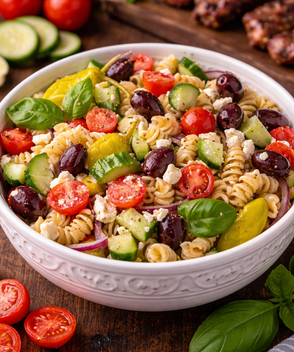 Greek Pasta Salad in a pretty white bowl 