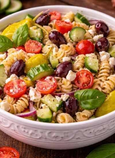Greek Pasta Salad in a pretty white bowl