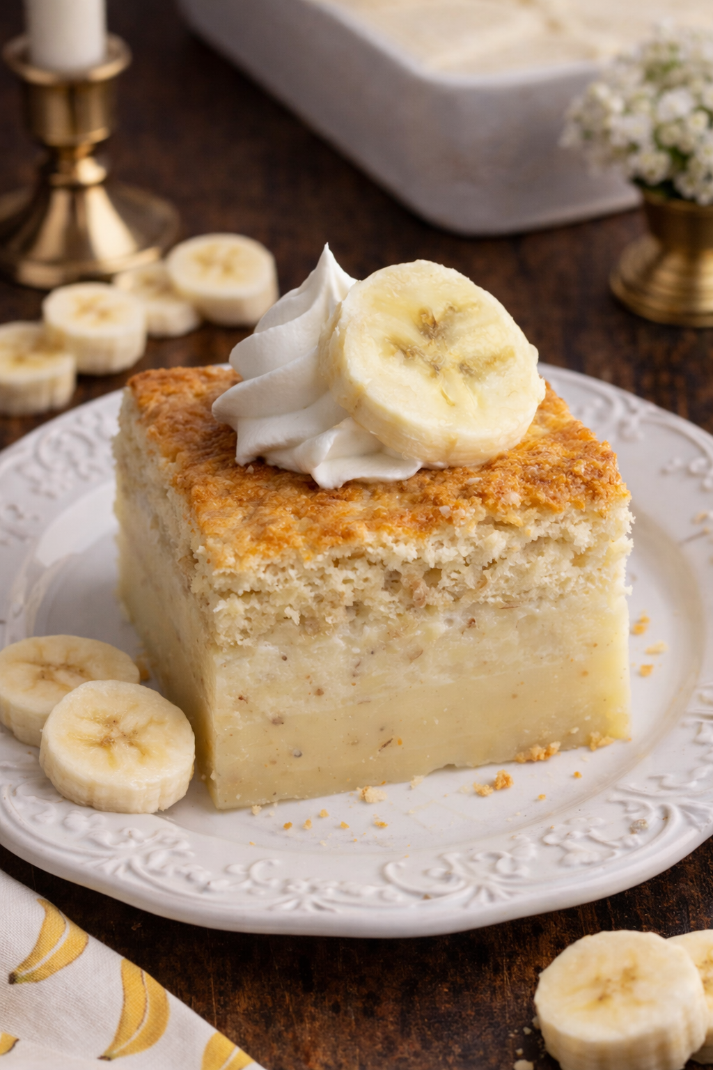 Banana Magic Cake on a pretty white plate 