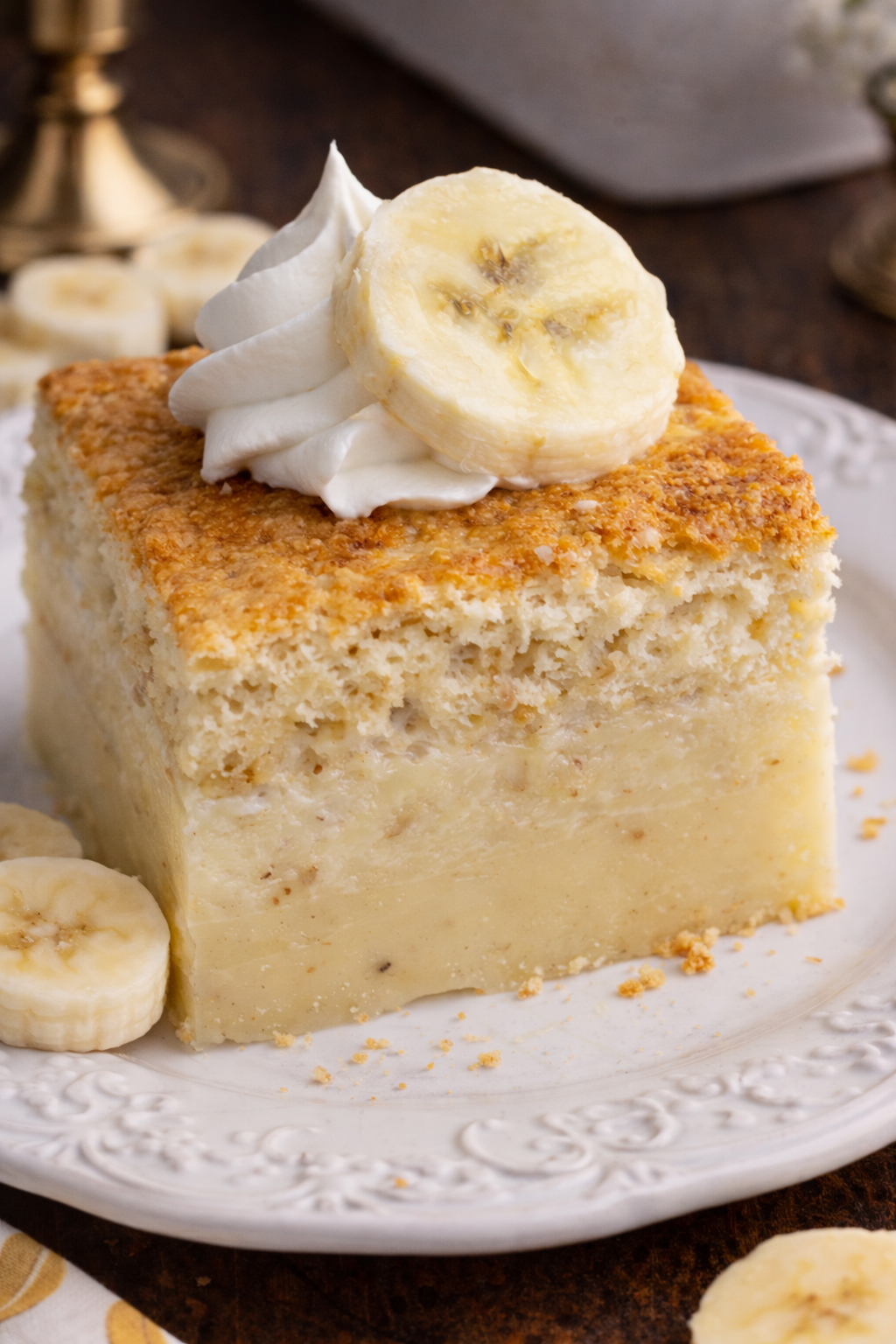 Banana Magic Cake on a pretty white plate 