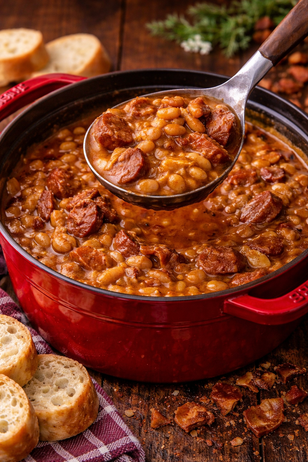 Ultimate Baked Beans with Smoked Sausage in a red dutch oven pot with a spoon lifting some up