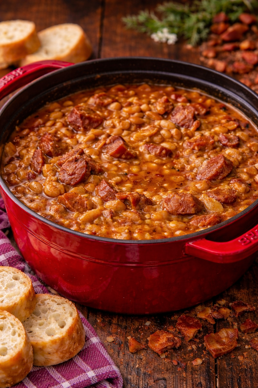 Ultimate Baked Beans with Smoked Sausage in a red dutch oven pot 