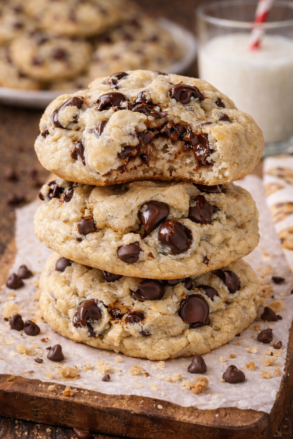 Soft Batch Cream Cheese Chocolate Chip Cookies in a stack with a bite missing from the top one 