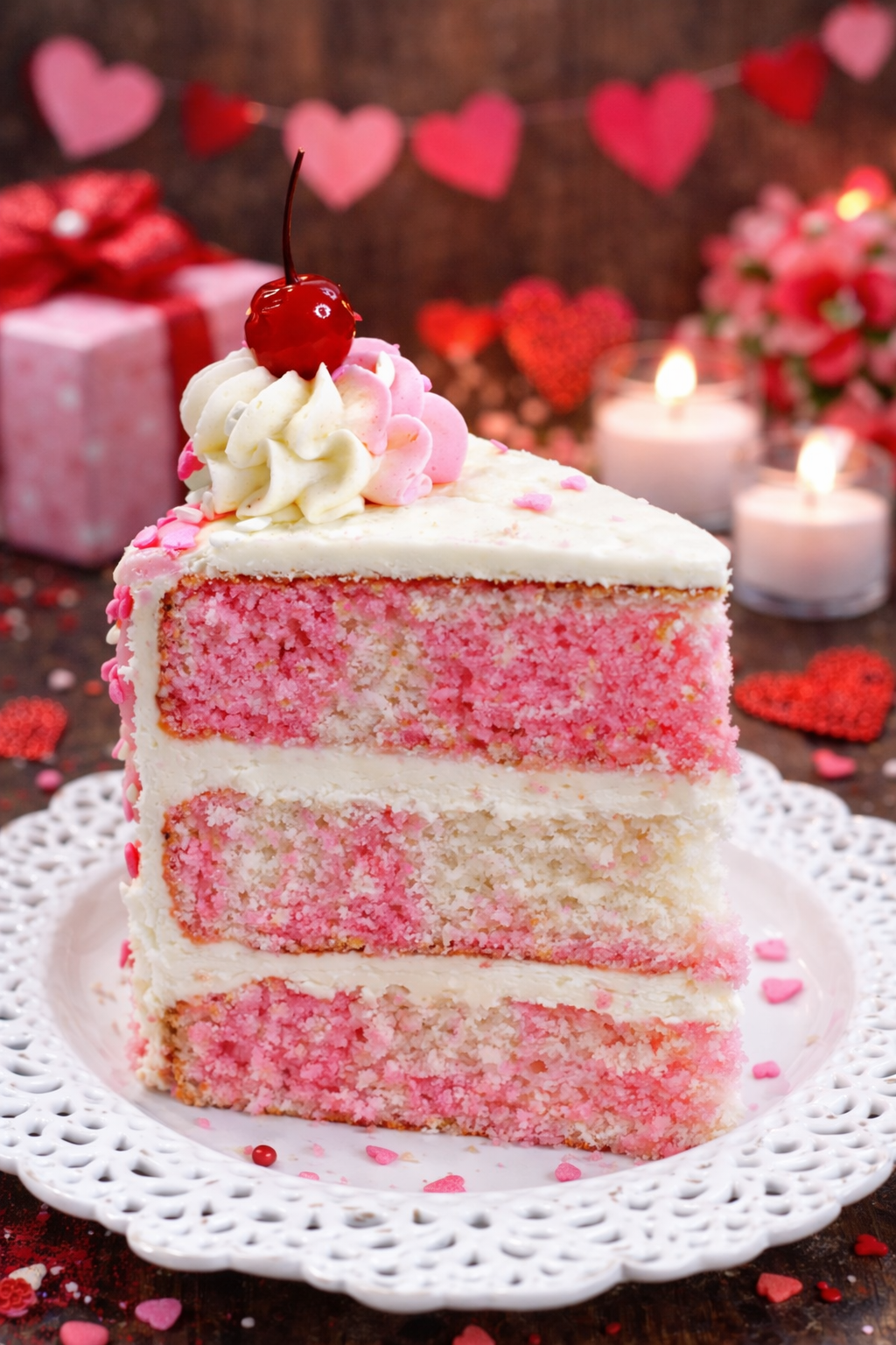 Valentine’s Day Love Cake with Vanilla Buttercream on a pretty white plate 