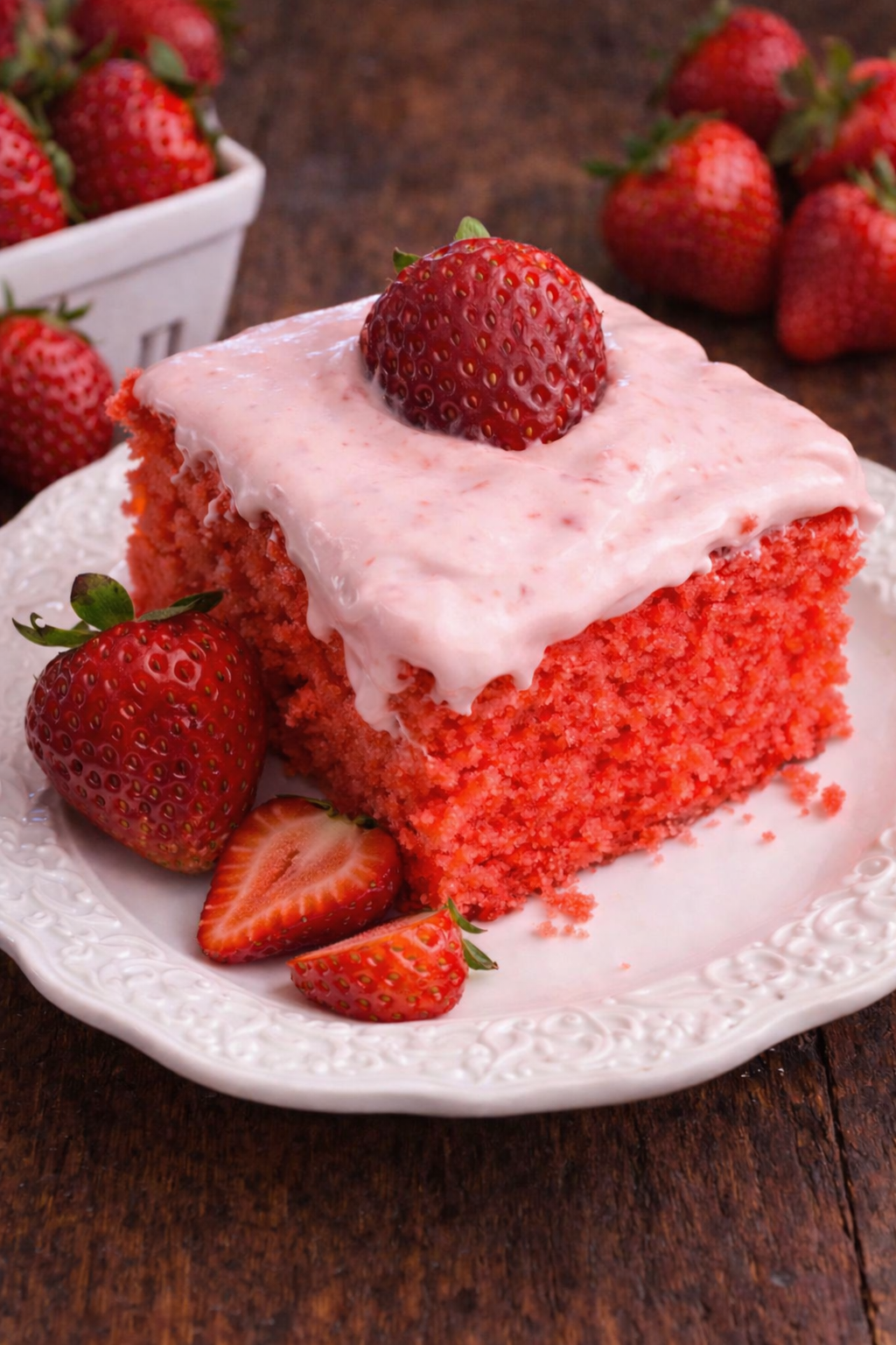 Strawberry Jello Cake with Strawberry Buttercream on a white plate 