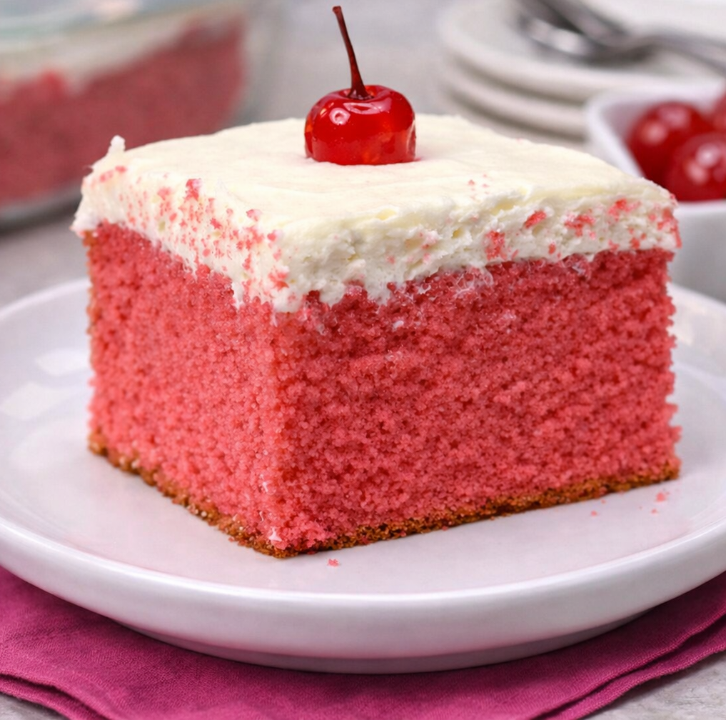 Very Cherry Cake with Vanilla Buttercream on a white plate up close 