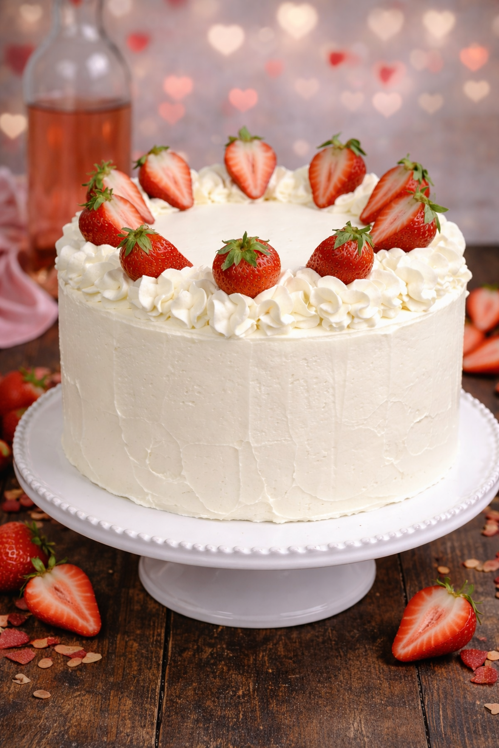 Strawberry Moscato Cake with Cream Cheese Buttercream Frosting whole uncut cake