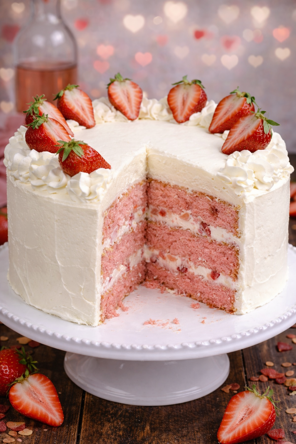 A slice removed from the Strawberry Moscato Cake with Cream Cheese Buttercream Frosting on a white cake platter