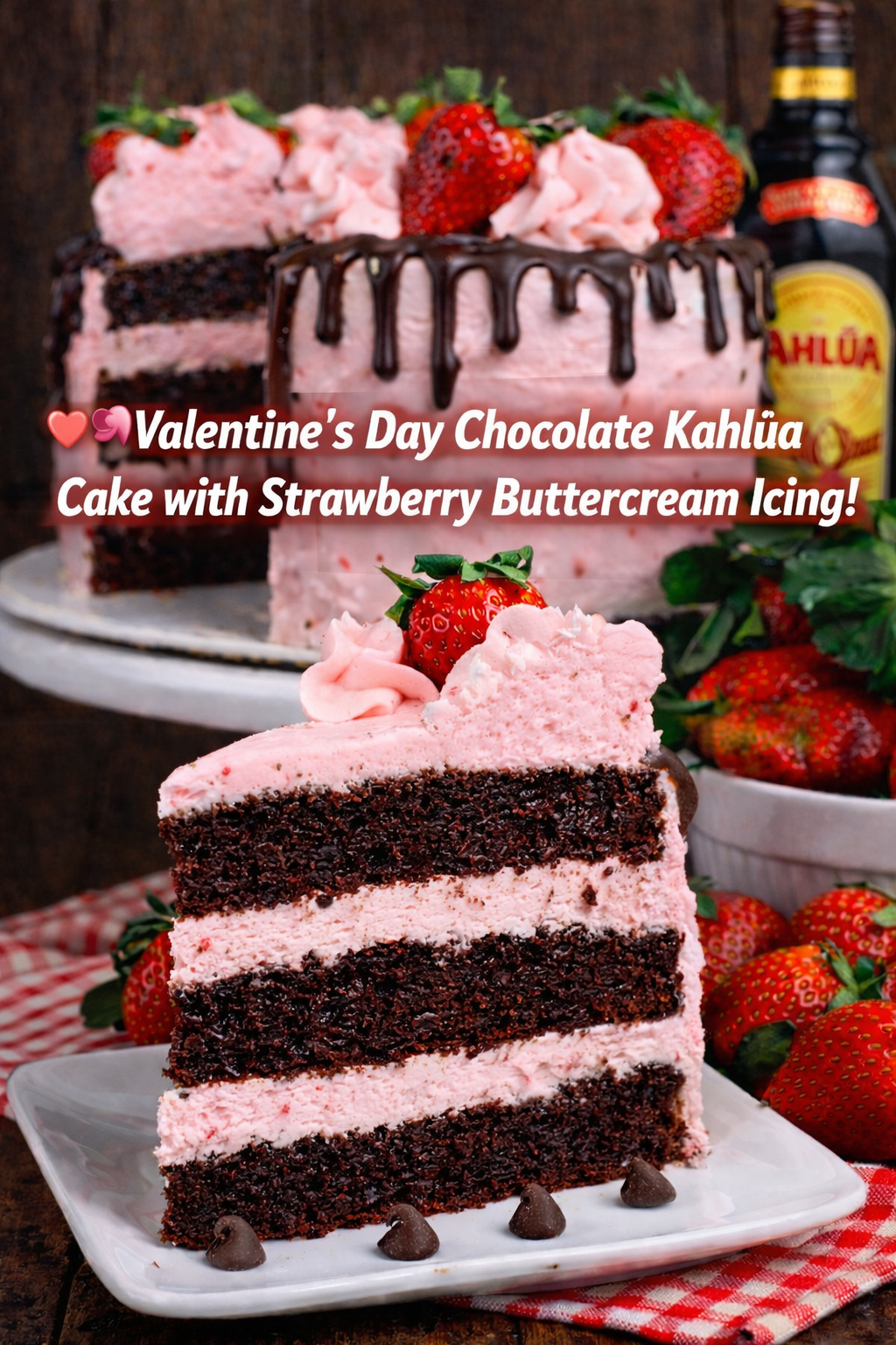 Chocolate Kahlua Cake Slice with Strawberry Buttercream Frosting on a white plate with text on the image 