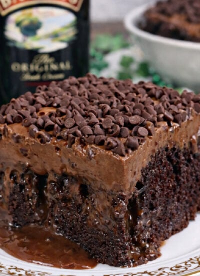 Baileys Irish Cream Chocolate Cake with Baileys Buttercream Frosting on a white plate