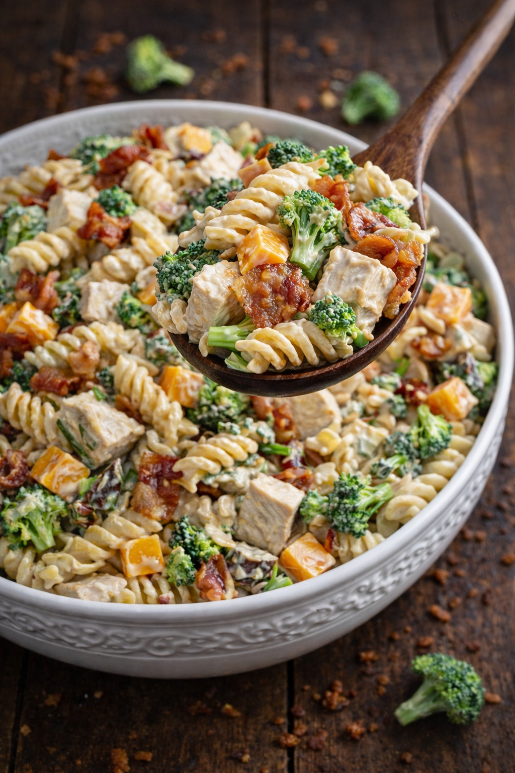 Chicken Bacon Broccoli Pasta Salad in a big pretty white designed bowl  with a bamboo spoon lifting up a bite 