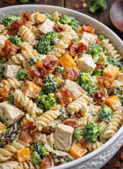 Chicken Bacon Broccoli Pasta Salad in a pretty white bowl