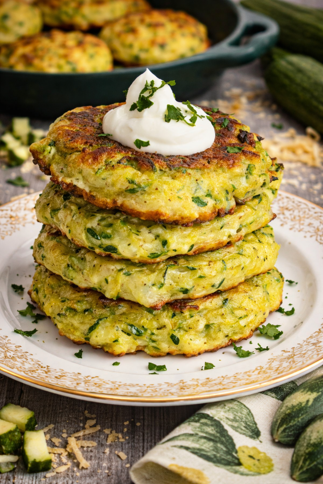 Cheesy Zucchini Pancakes on a pretty white plate 