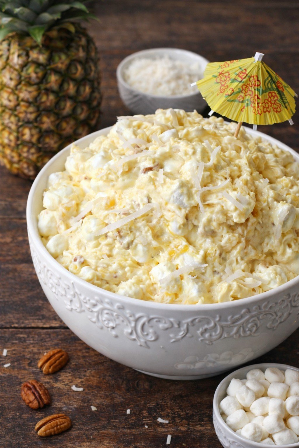 Pina colada fluff in a white bowl 