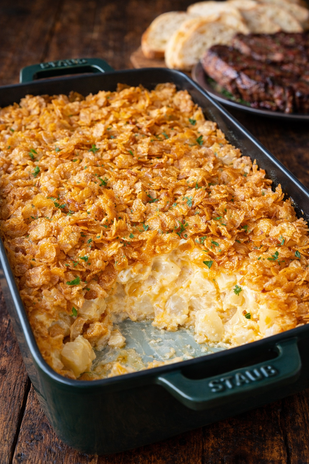 Funeral Potatoes in a baking pan 