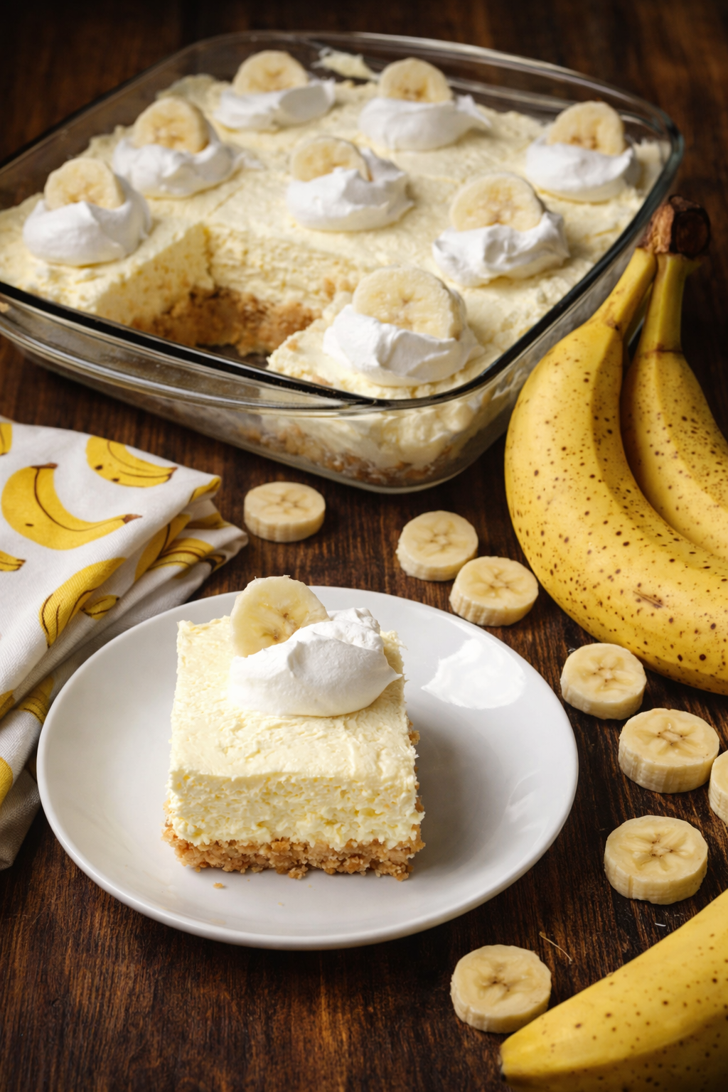Banana Cream Cheesecake Bars on a dark wood table 
