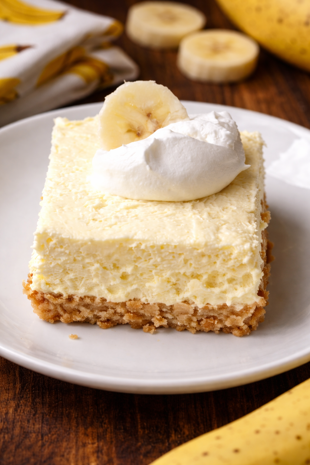 Banana Cream Cheesecake Bar on a white plate 