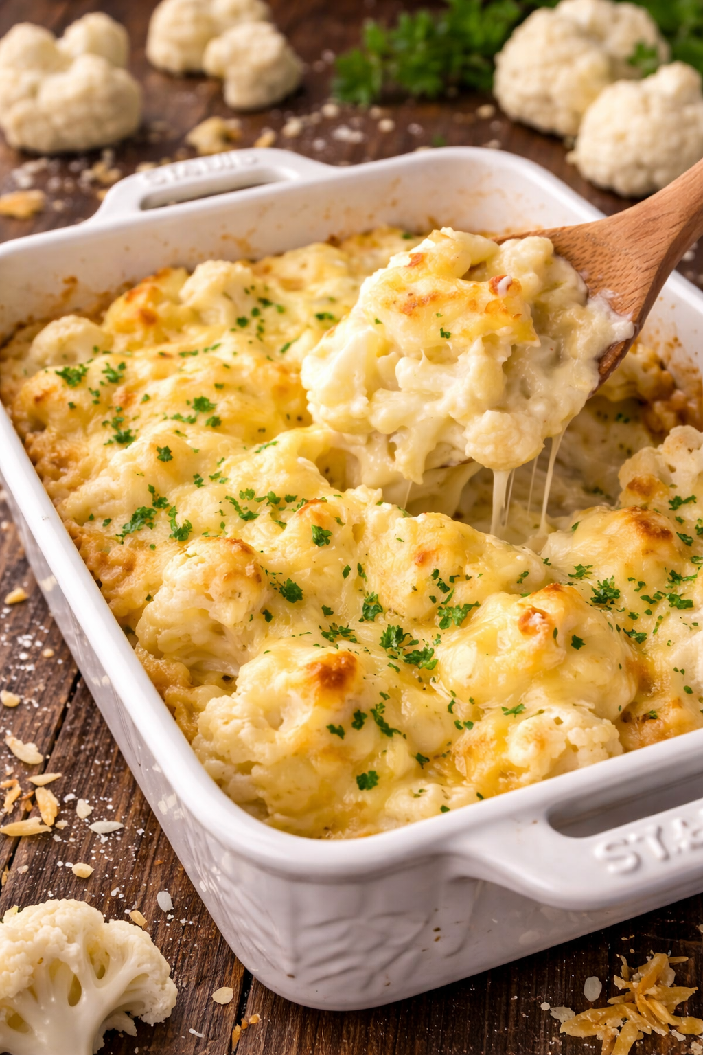 Cheesy Cauliflower Casserole in a white baking dish 