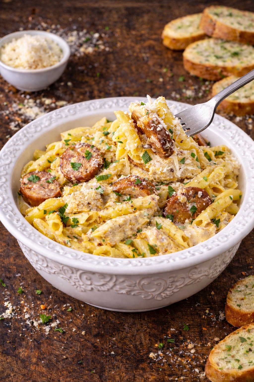 Slow Cooker Cajun Chicken Alfredo with Sausage in a pretty white bowl on a dark wood table with a fork lifting up a bite