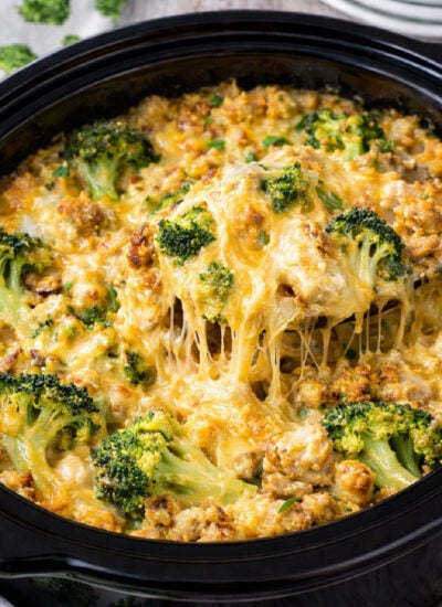 Slow Cooker Cheesy Chicken & Stuffing Casserole in a black slow cooker