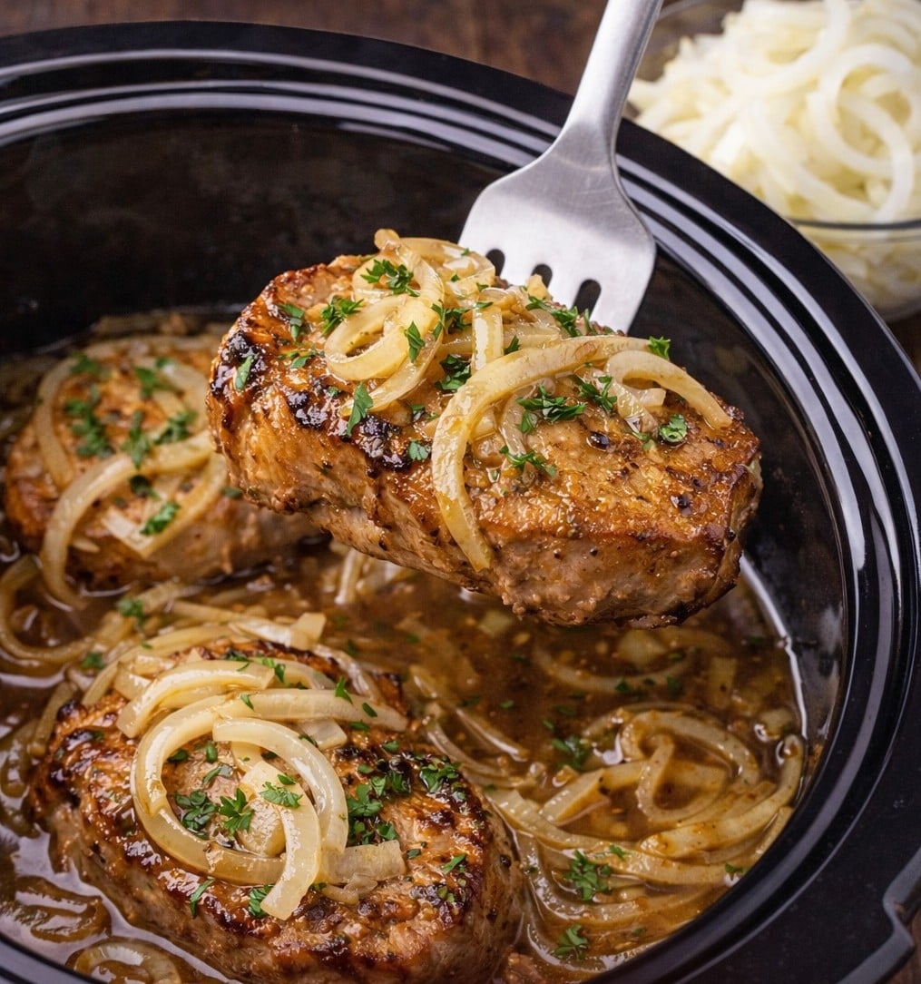 Slow Cooker Pork Chops and Onions in a crock pot 