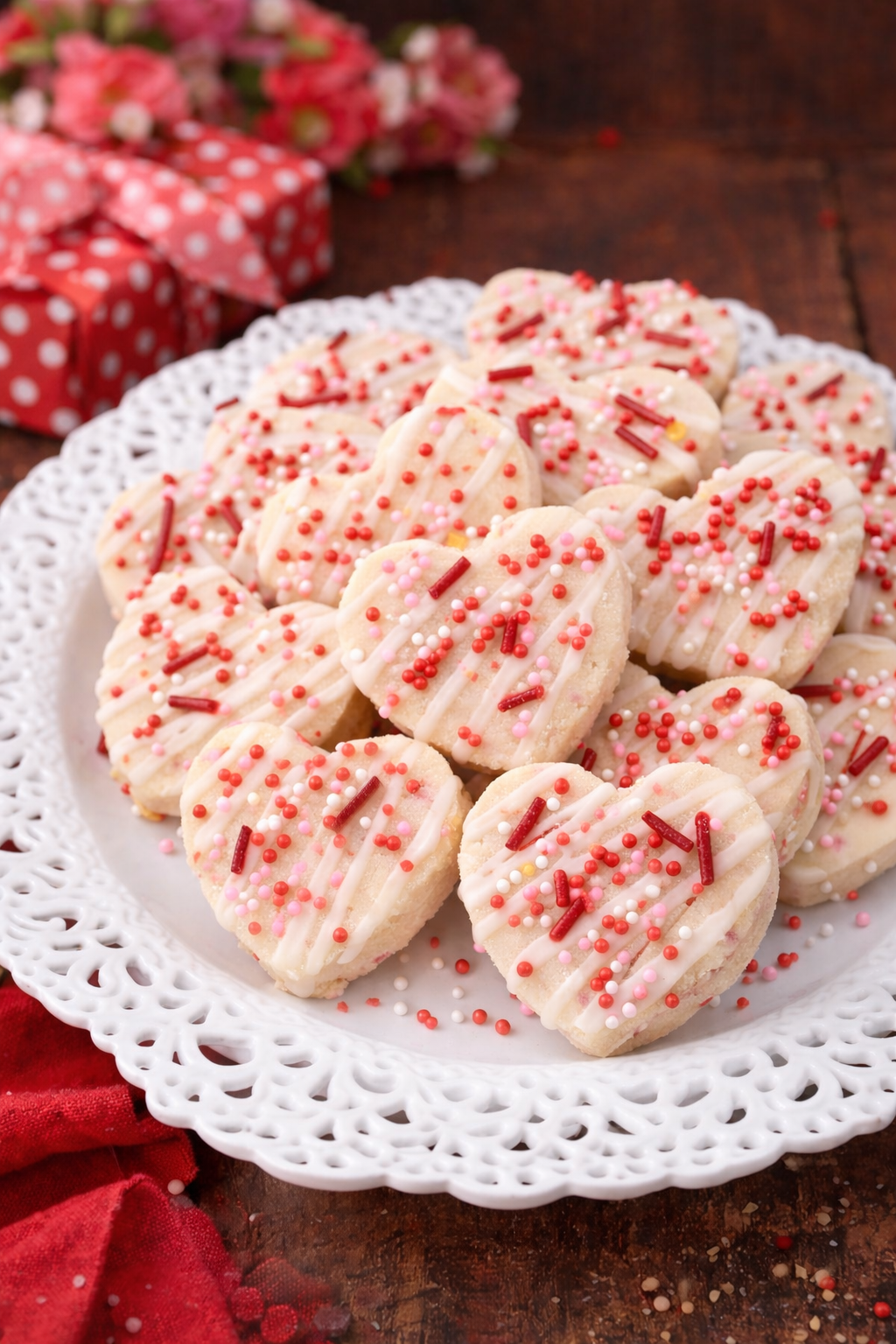 Valentines Day Shortbread Cookie Bites on a pretty white plate 