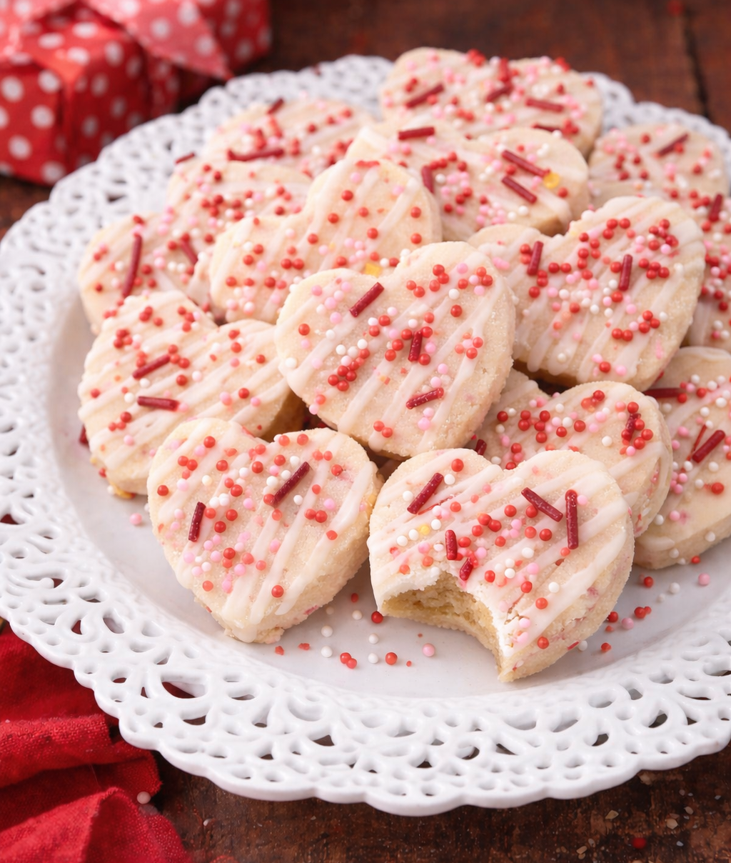 Valentines Day Shortbread Cookie Bites on a white plate with a bite missing from one 