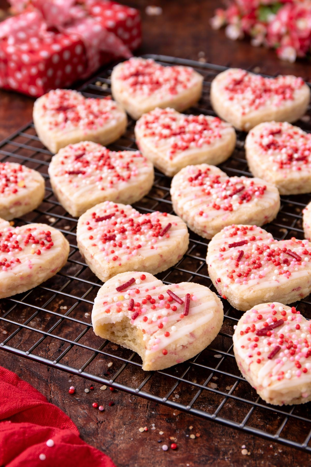 Valentines Day Shortbread Cookie Bites on a wire cooling rack with a bite missing from the front one 