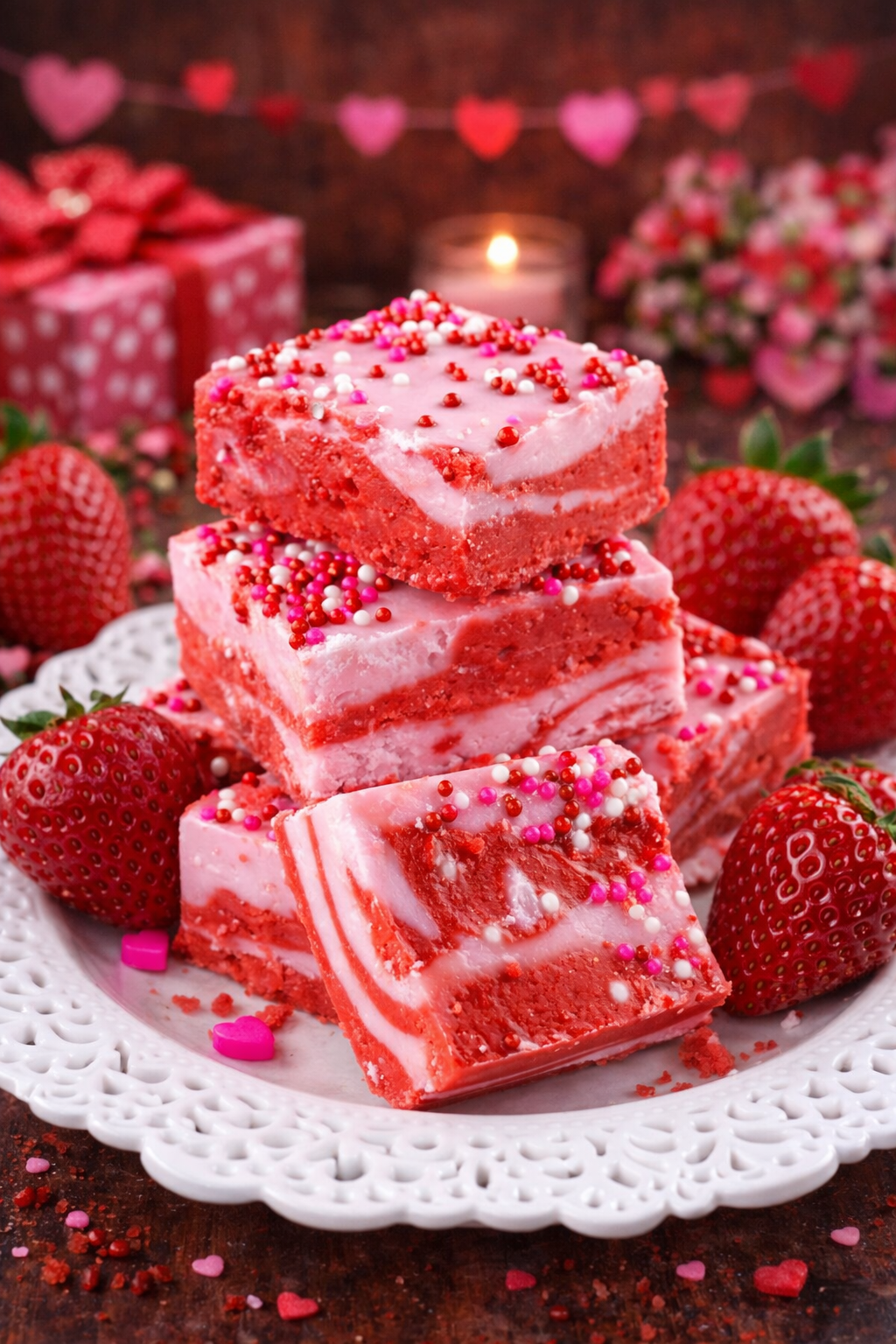 Valentine’s Day Strawberry Fudge on a pretty white plate 