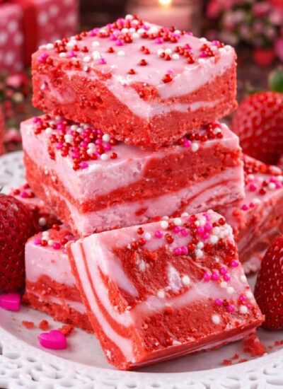 Valentine’s Day Strawberry Fudge on a white plate