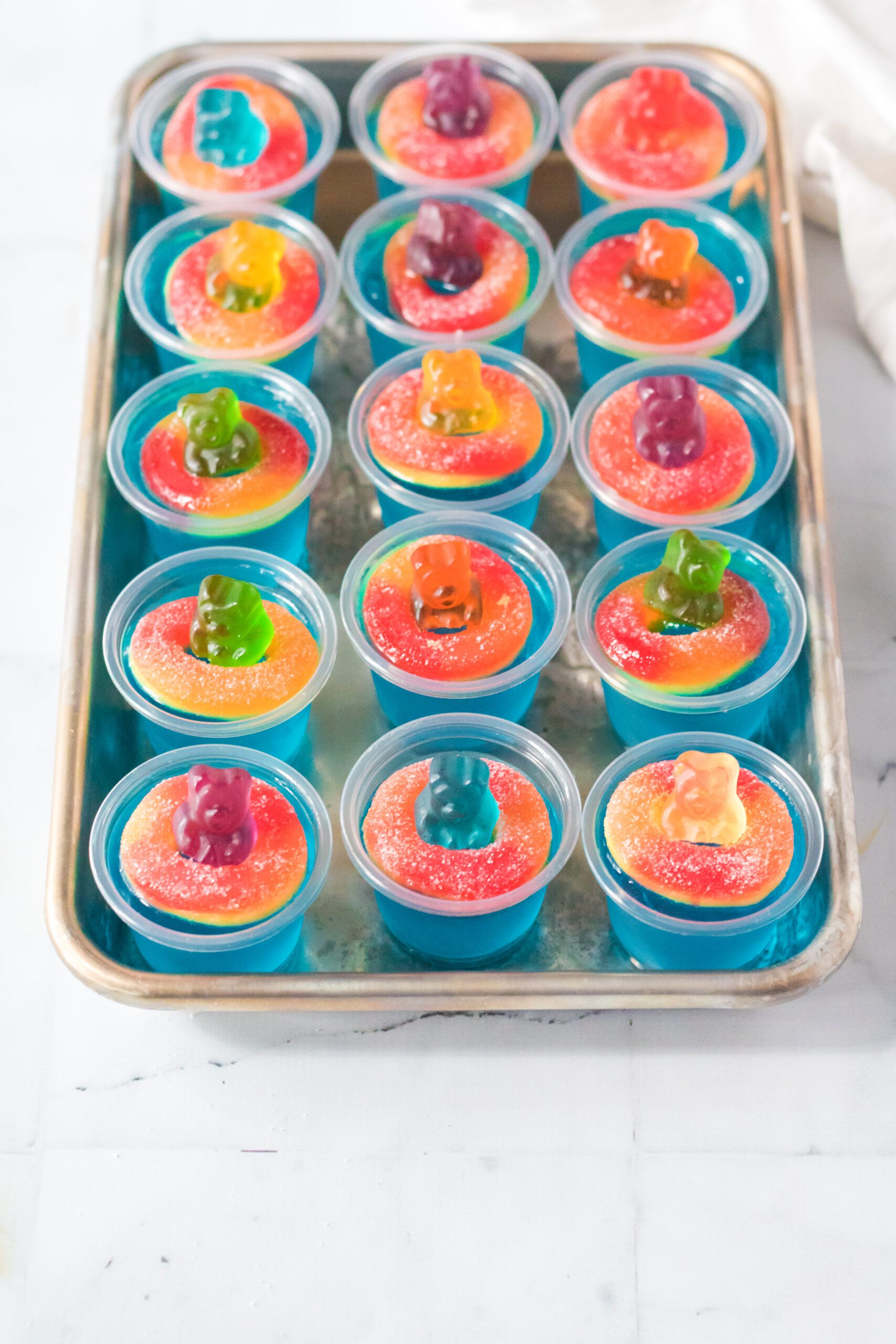 Pool Party Jello Shots on a sliver tray